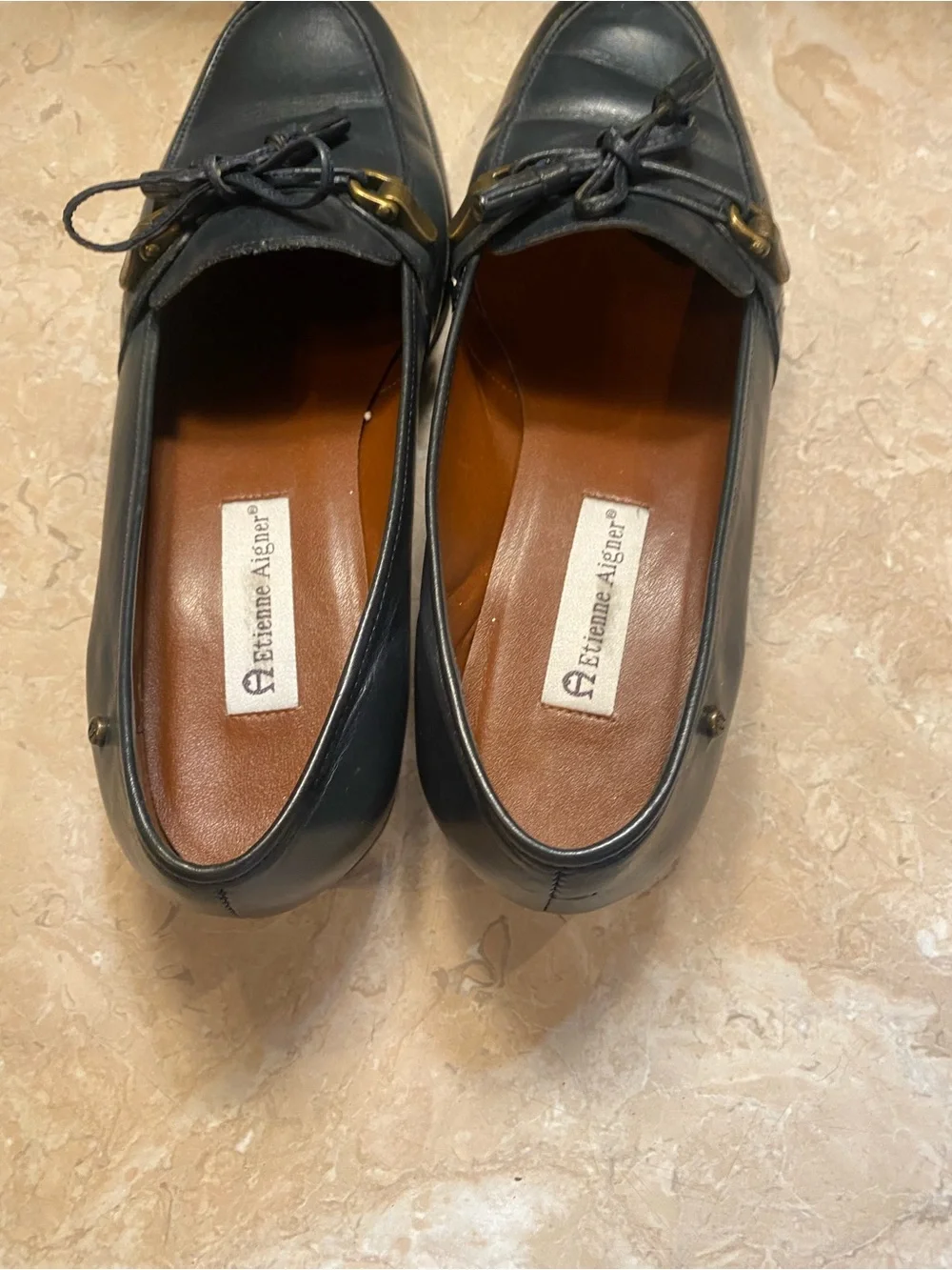 Etienne Aigner Navy Leather Tassel Loafers with Gold Bit